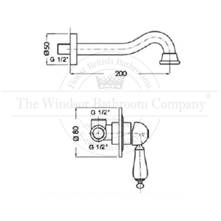 Horton & Studley Royal HS1674R klassieke inbouw wastafelmengkraan met zwarte hendel in chroomDetail van de zwarte hendel en gebogen uitloop van de Royal HS1674R inbouwkraanInbouw wastafelkraan HS1674R voor een verfijnde klassieke badkamerstijl