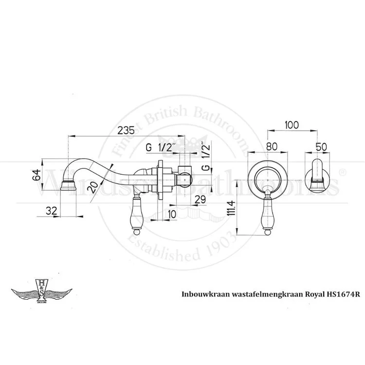 Horton & Studley Royal HS1674R klassieke inbouw wastafelmengkraan met zwarte hendel in chroomDetail van de zwarte hendel en gebogen uitloop van de Royal HS1674R inbouwkraanInbouw wastafelkraan HS1674R voor een verfijnde klassieke badkamerstijl