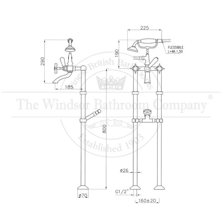 Horton & Studley Kingston HS2922 vrijstaande badkraan met handdouche in chroomDetail van de klassieke kruishendels en gebogen uitloop van de Kingston HS2922 badkraanVrijstaande badkraan HS2922 voor luxe vintage badkamerinrichtingen