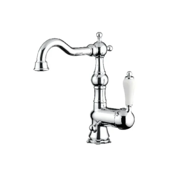 Horton & Studley Royal HS1174R klassieke wastafelkraan met porseleinen hendel in chroom Detail van de gebogen uitloop en porseleinen hendel van de Royal HS1174R wastafelkraan Luxe wastafelkraan HS1174R voor een verfijnde vintage badkamerstijl