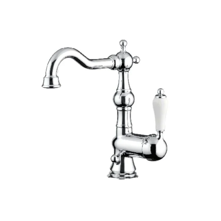 Horton & Studley Royal HS1174R klassieke wastafelkraan met porseleinen hendel in chroom Detail van de gebogen uitloop en porseleinen hendel van de Royal HS1174R wastafelkraan Luxe wastafelkraan HS1174R voor een verfijnde vintage badkamerstijl