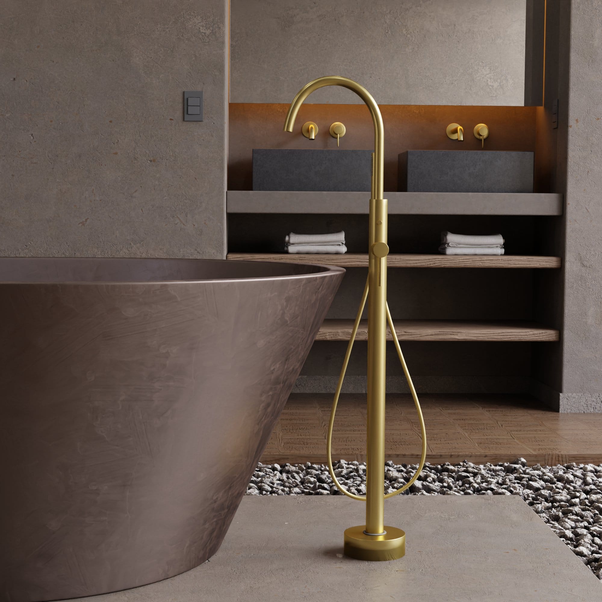 Nelis 1143S1-BB Vrijstaande Badkraan met Handdouche - Geborstelde Messing - Afbeelding 2