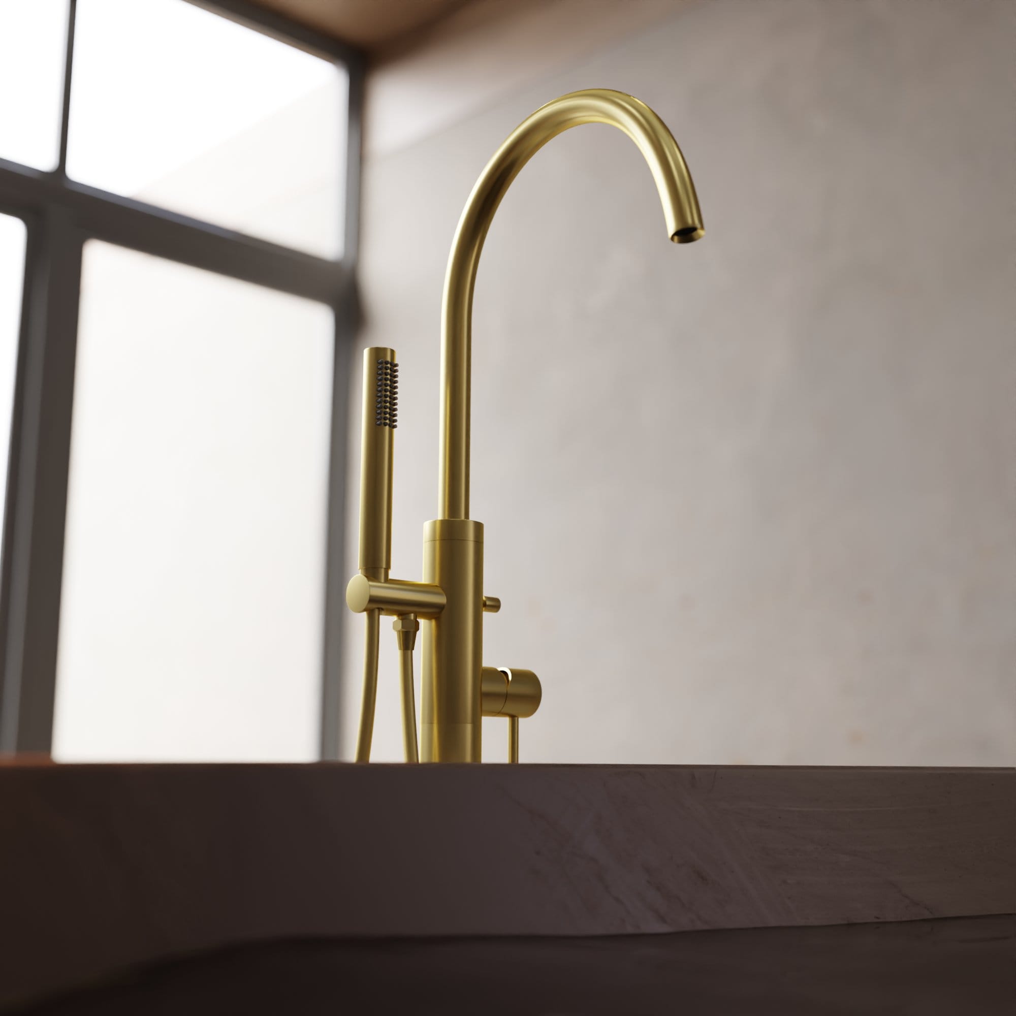 Nelis 1143S1-BB Vrijstaande Badkraan met Handdouche - Geborstelde Messing - Afbeelding 4