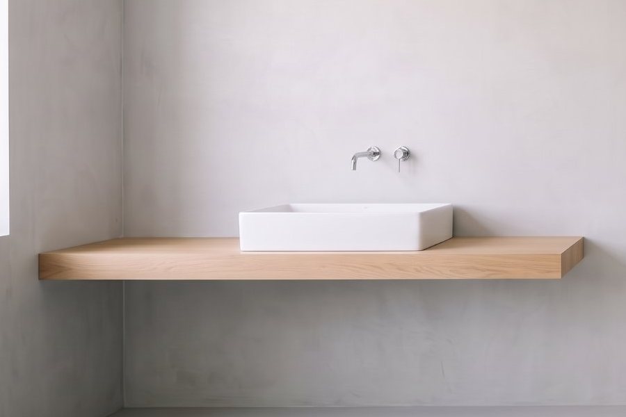 Zwevende eiken plank met witte waskom en chromen wandkraan